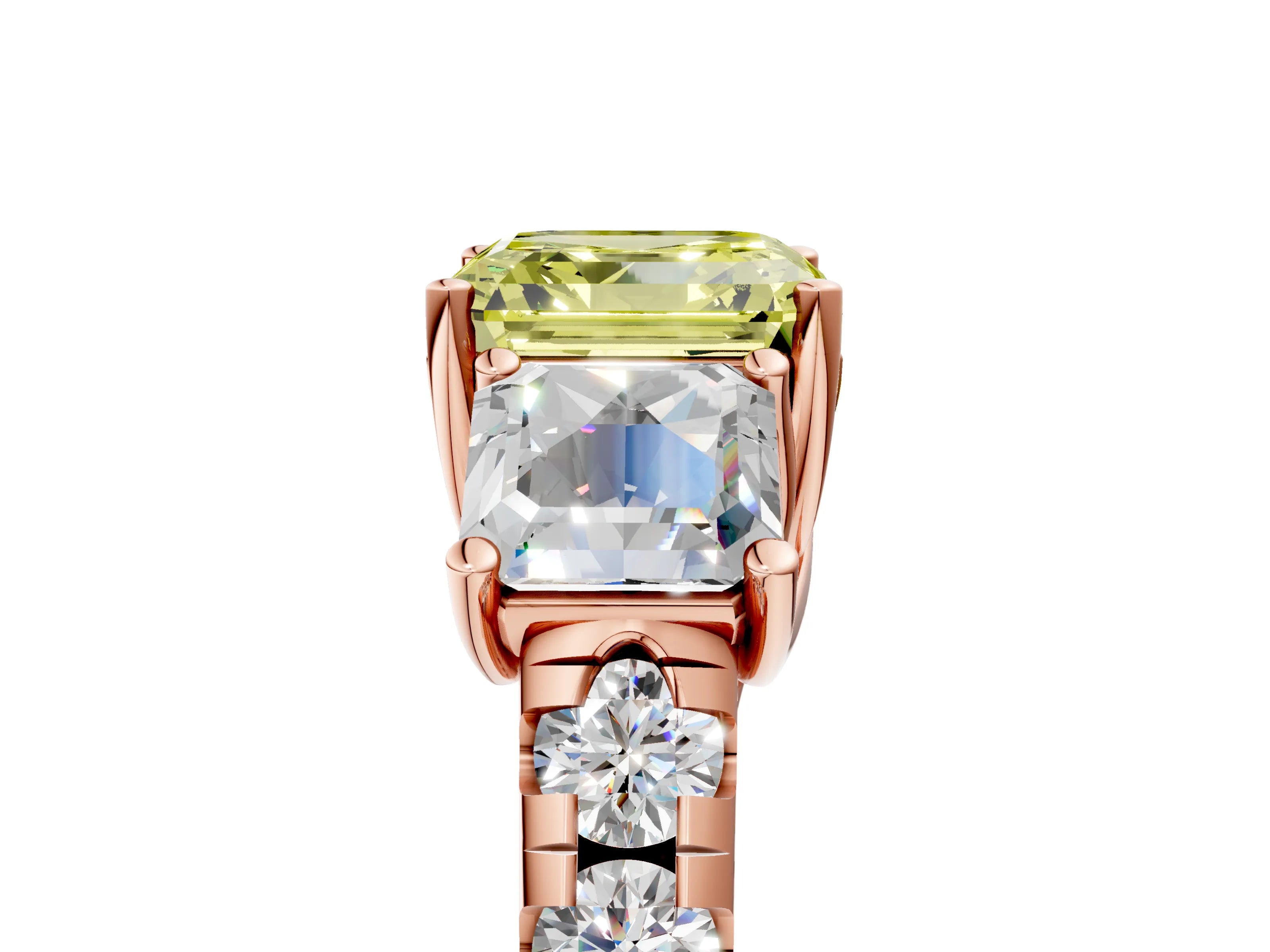 Rose gold Three-Stone Fancy Yellow Asscher Cut Diamond Pavé Band with Prong Setting_5