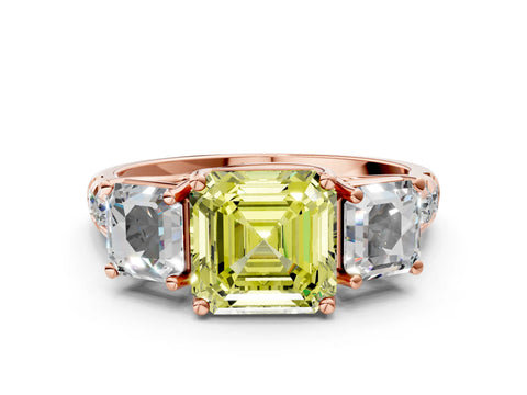 Rose gold Three-Stone Fancy Yellow Asscher Cut Diamond Pavé Band with Prong Setting