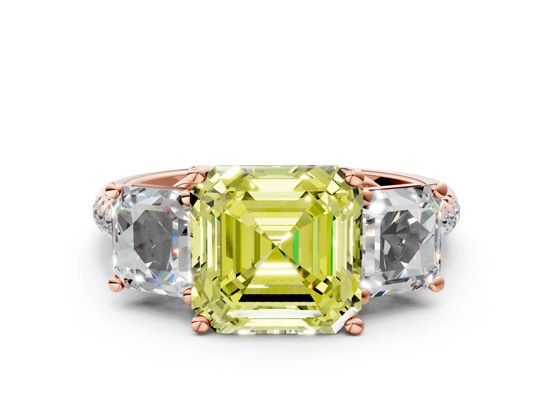 Rose gold Three-Stone Fancy Yellow Asscher Cut Diamond Ring with Round  Pavé Band and Prong Setting_12