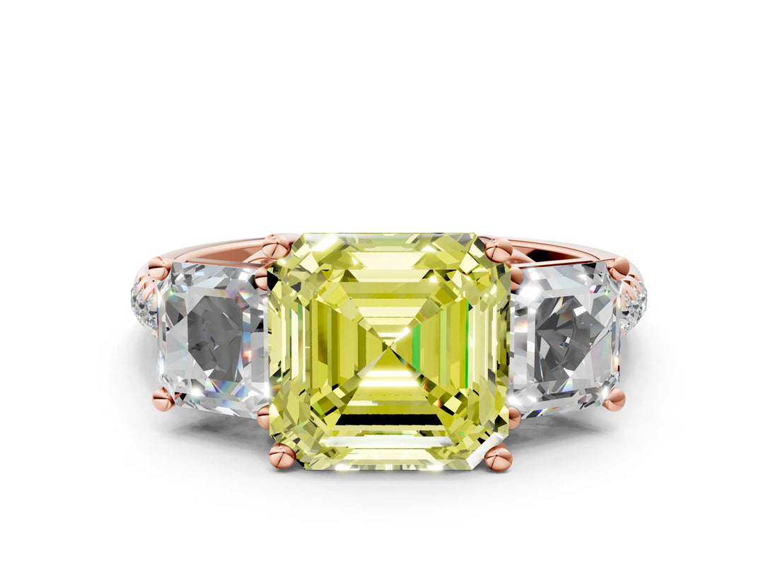 Rose gold Three-Stone Fancy Yellow Asscher Cut Diamond Ring with Round  Pavé Band and Prong Setting_83