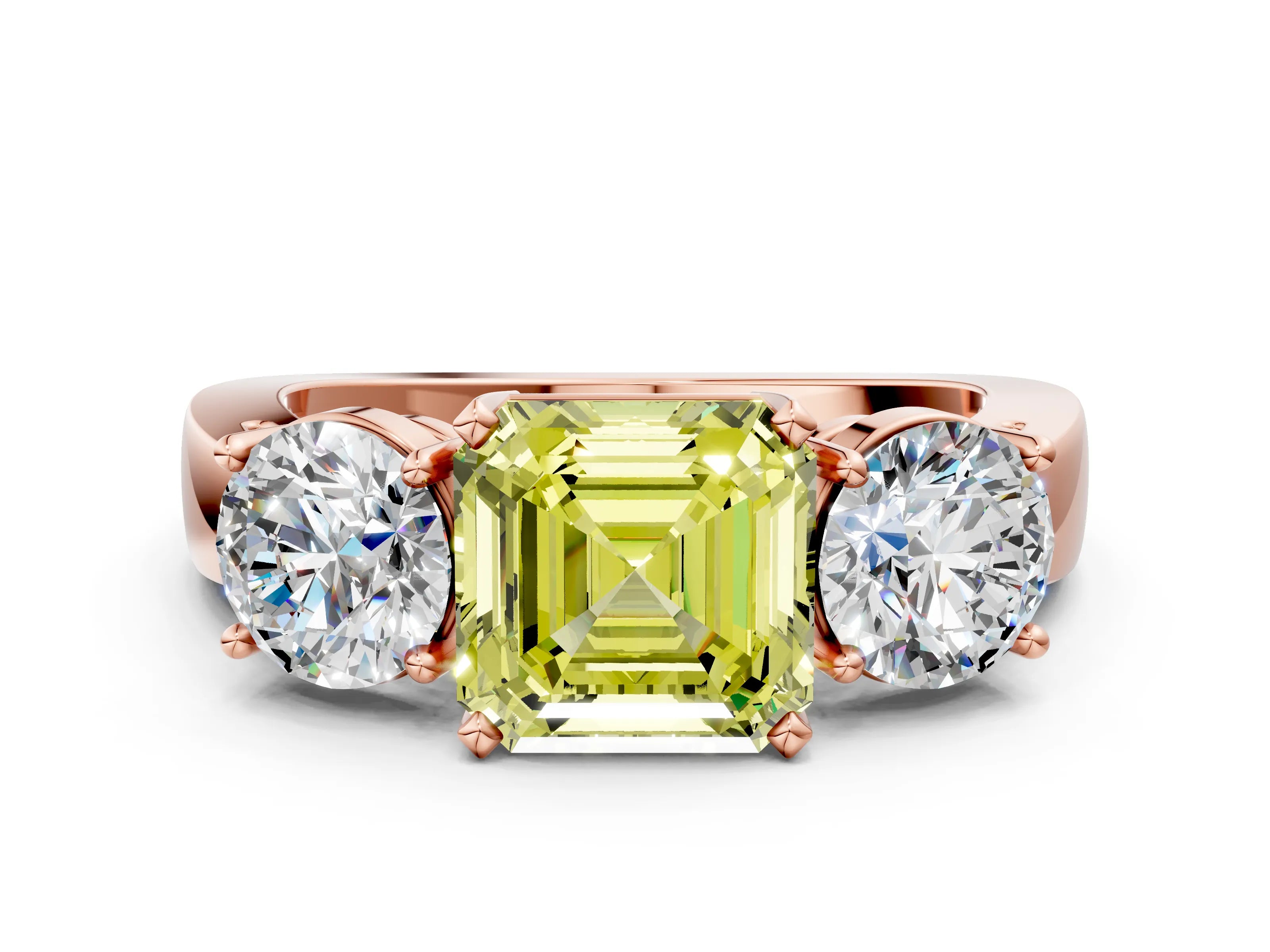 Rose gold Three-Stone Fancy Yellow Asscher Cut Diamond Ring with Round Side Stones, Classic Band, and Four-Prong Setting