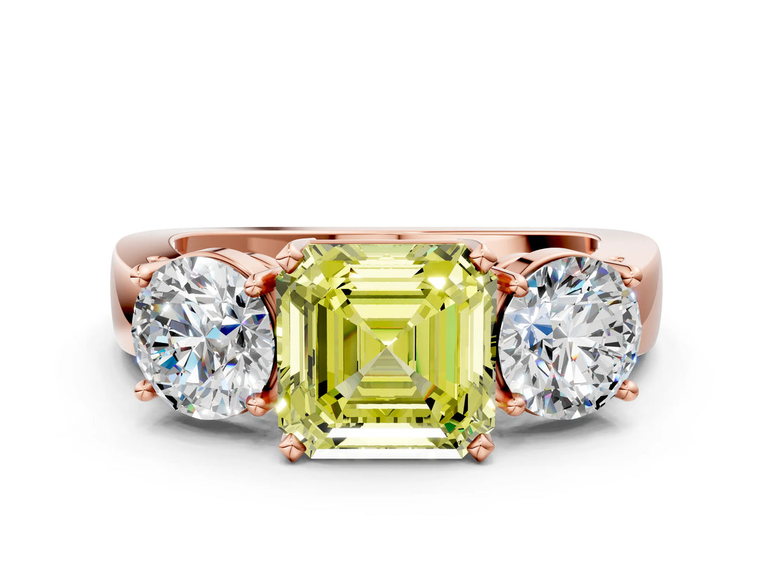 Rose gold Three-Stone Fancy Yellow Asscher Cut Diamond Ring with Round Side Stones, Classic Band, and Four-Prong Setting
