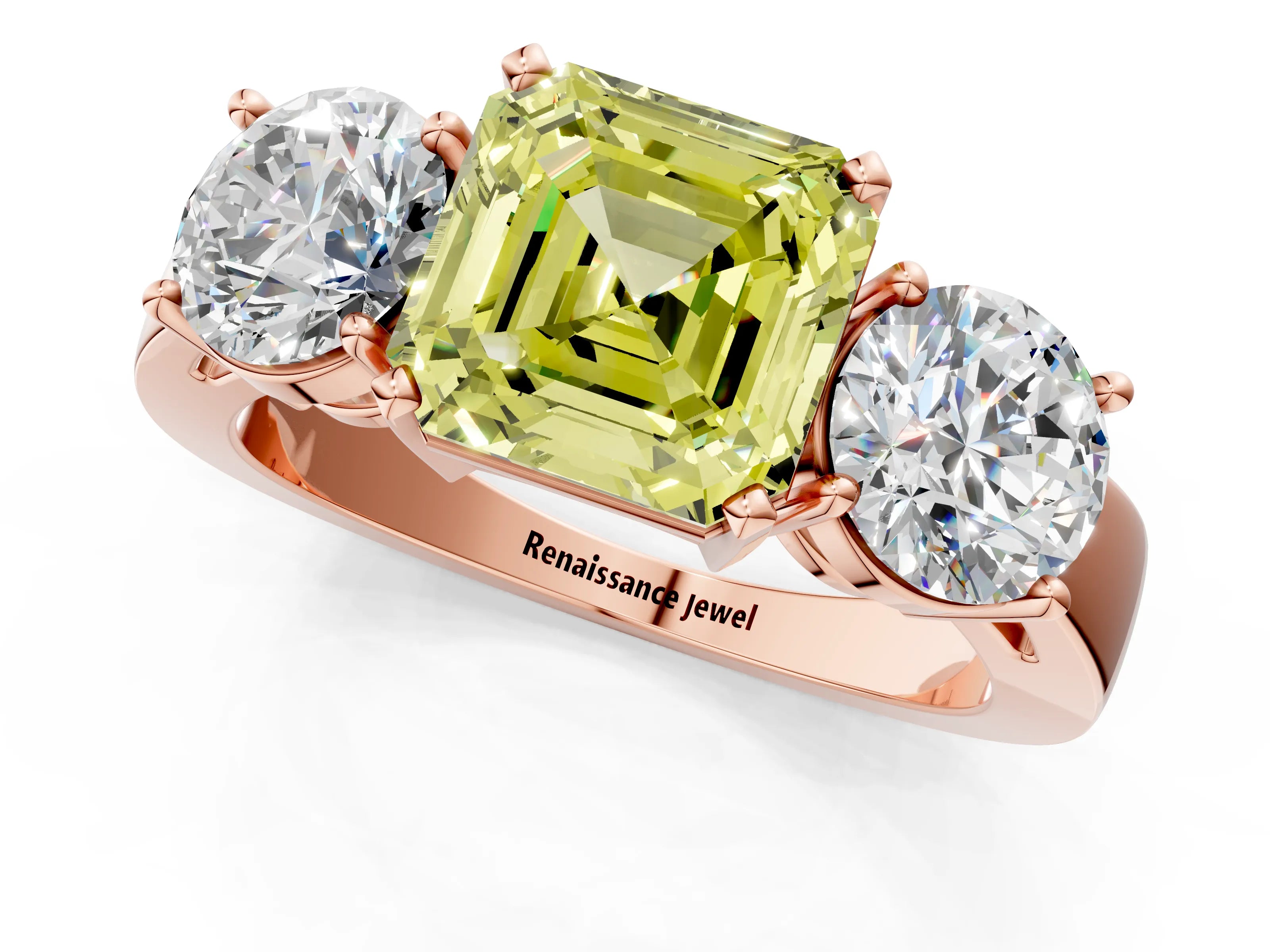Rose gold Three-Stone Fancy Yellow Asscher Cut Diamond Ring with Round Side Stones, Classic Band, and Four-Prong Setting_1