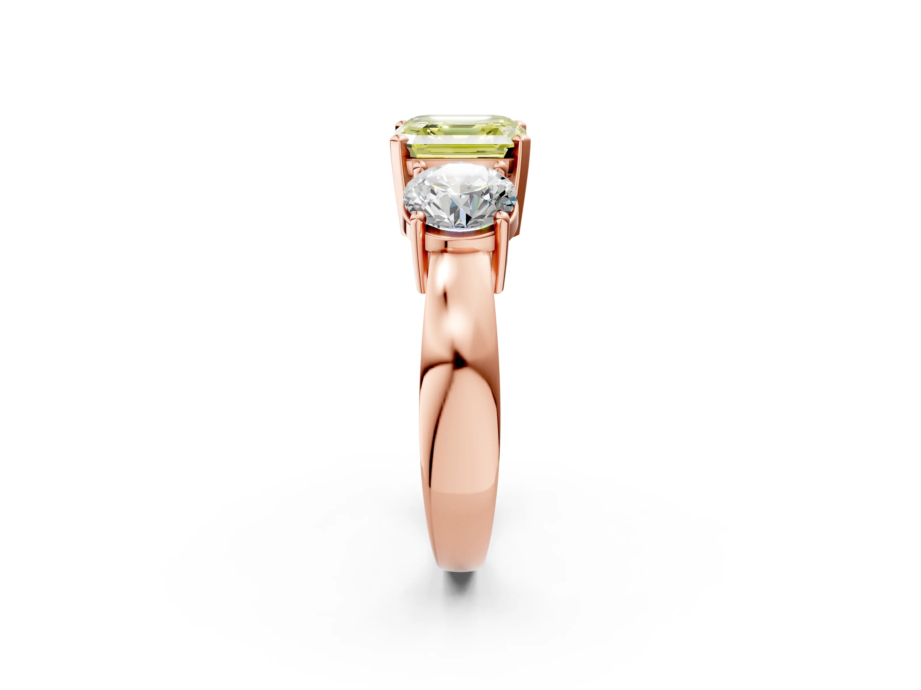 Rose gold Three-Stone Fancy Yellow Asscher Cut Diamond Ring with Round Side Stones, Classic Band, and Four-Prong Setting_2