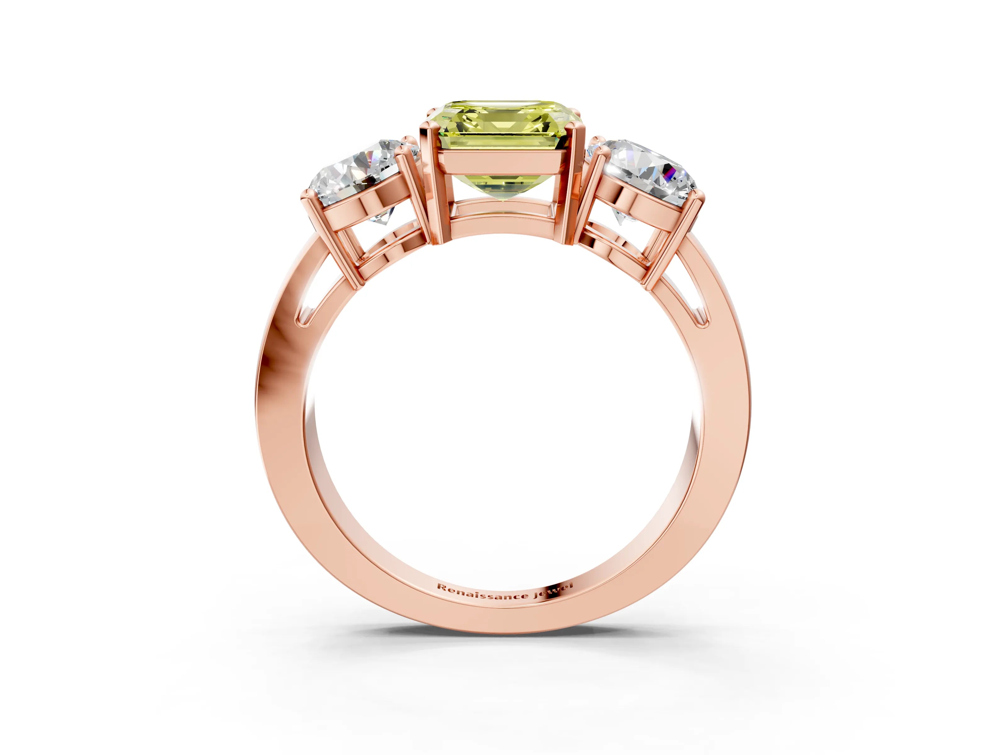 Rose gold Three-Stone Fancy Yellow Asscher Cut Diamond Ring with Round Side Stones, Classic Band, and Four-Prong Setting_3