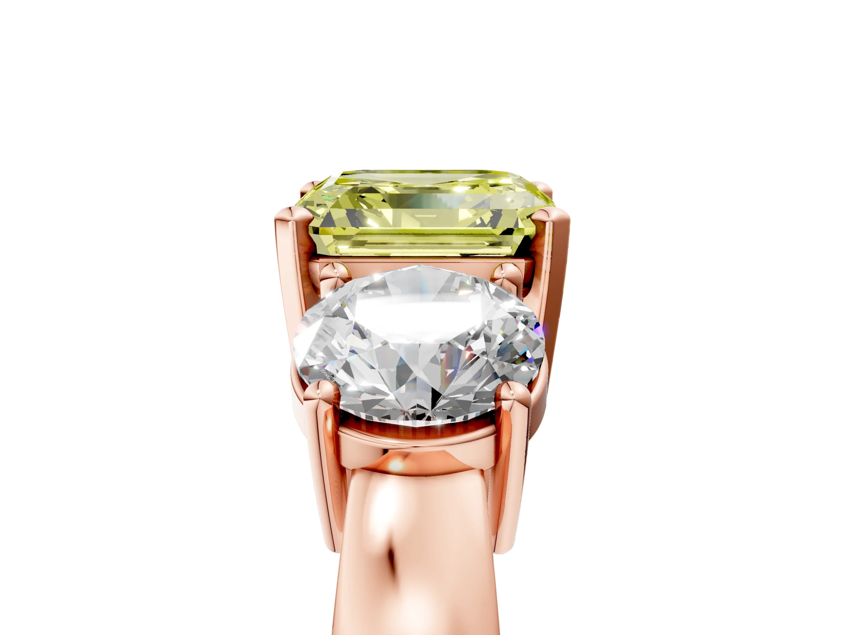 Rose gold Three-Stone Fancy Yellow Asscher Cut Diamond Ring with Round Side Stones, Classic Band, and Four-Prong Setting_5