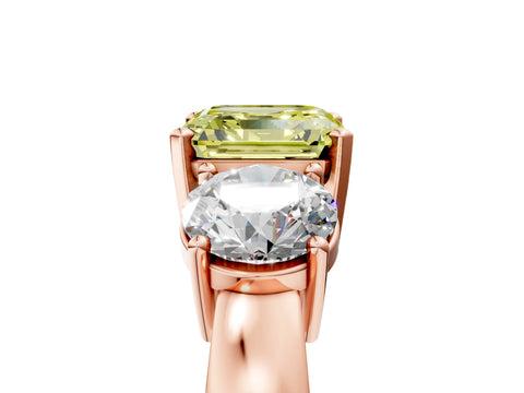 Rose gold Three-Stone Fancy Yellow Asscher Cut Diamond Ring with Round Side Stones, Classic Band, and Four-Prong Setting_5