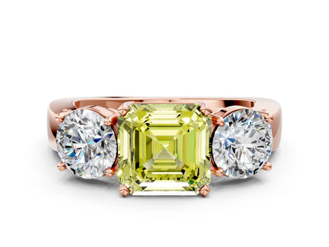 Rose gold Three-Stone Fancy Yellow Asscher Cut Diamond Ring with Round Side Stones, Classic Band, and Four-Prong Setting