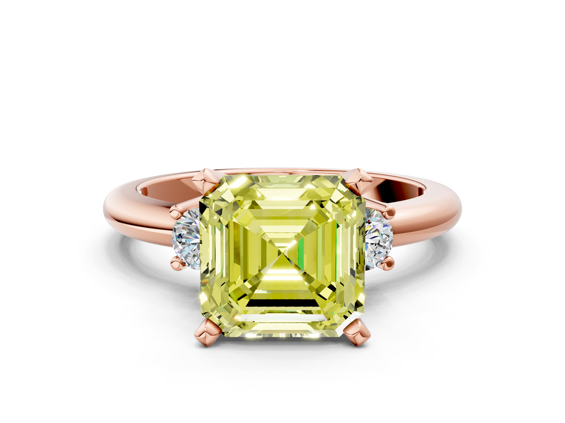 Rose gold Three-Stone Fancy Yellow Asscher  Cut Diamond Solitaire with Prong Setting and Classic Band