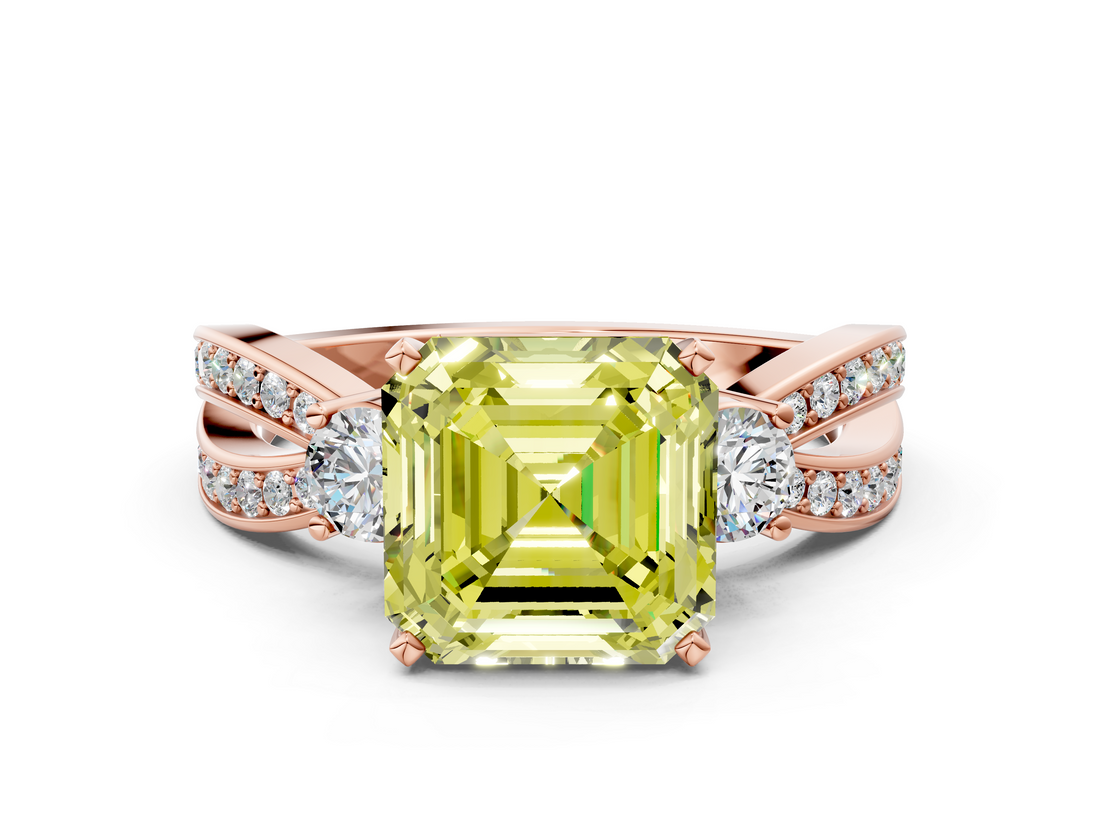 Rose gold Three-Stone Fancy Yellow Asscher  Cut Diamond Twist Band with Prong Setting_20