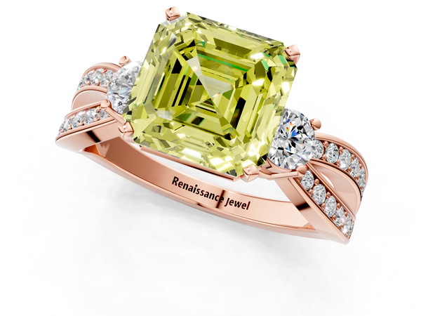 Rose Gold Asscher Cut Three Stone Twist Engagement Ring Setting for Fancy Yellow Center
