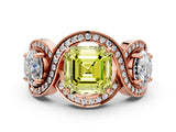 Rose gold Three-Stone Fancy Yellow Asscher Cut Diamond Wave Pave Band with Prong Setting