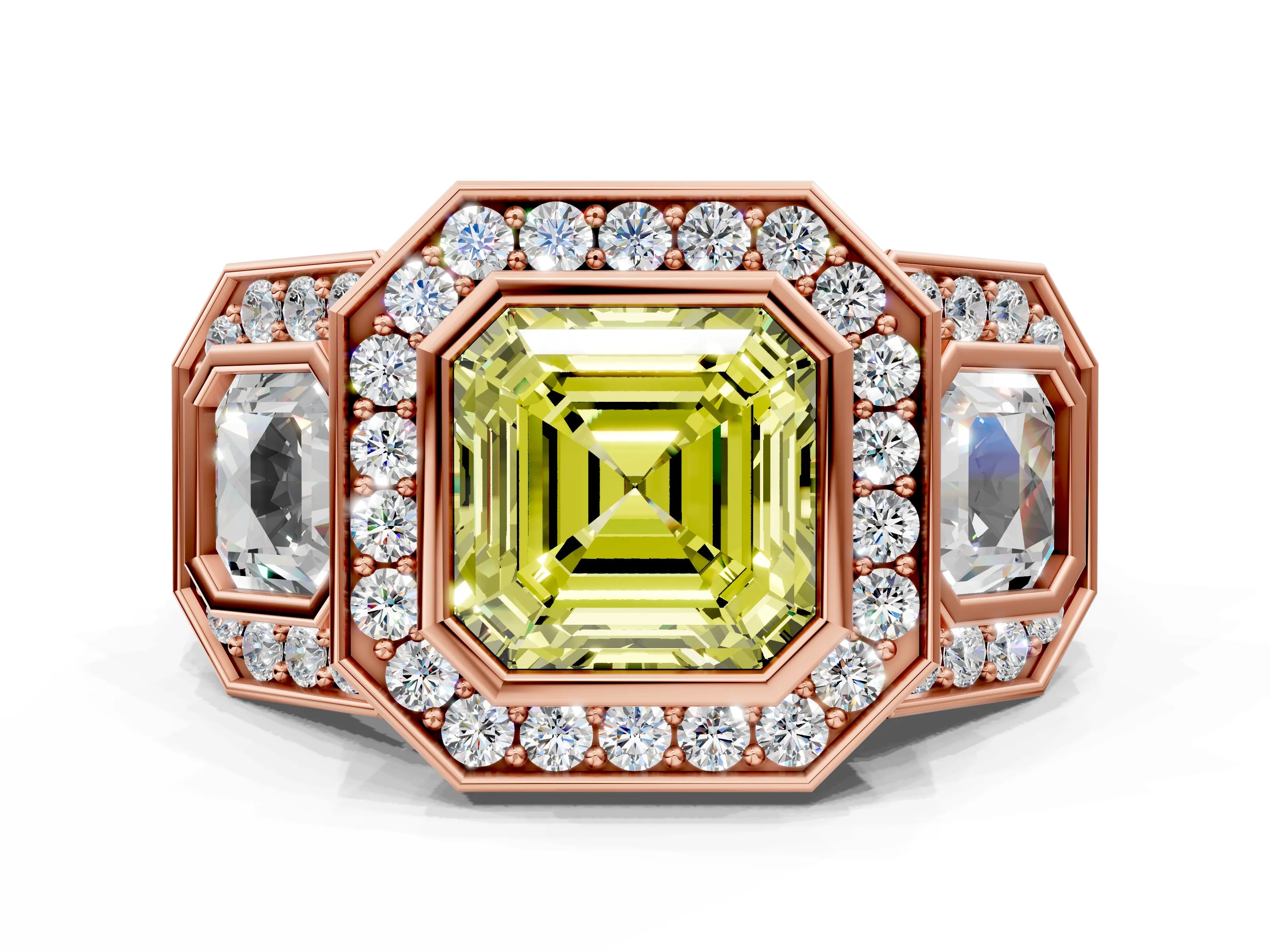 Rose gold Three-Stone Fancy Yellow Asscher Cut Halo Pavé Diamond Ring