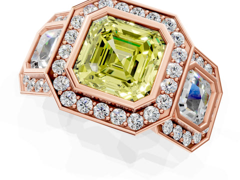 Rose gold Three-Stone Fancy Yellow Asscher Cut Halo Pavé Diamond Ring_1