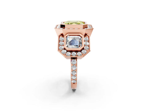 Rose gold Three-Stone Fancy Yellow Asscher Cut Halo Pavé Diamond Ring_2
