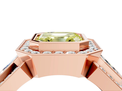 Rose gold Three-Stone Fancy Yellow Asscher Cut Halo Pavé Diamond Ring_4