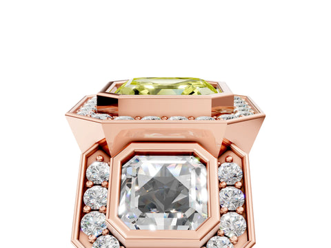 Rose gold Three-Stone Fancy Yellow Asscher Cut Halo Pavé Diamond Ring_5