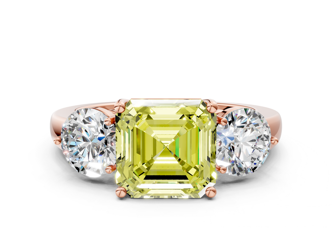 Rose gold Three-Stone Fancy Yellow Asscher  Cut Solitaire Ring with Prong Setting on a Classic Band_33