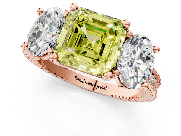 Rose Gold Asscher Cut Three-Stone Engagement Ring Setting for Fancy Yellow Center with Pave Band