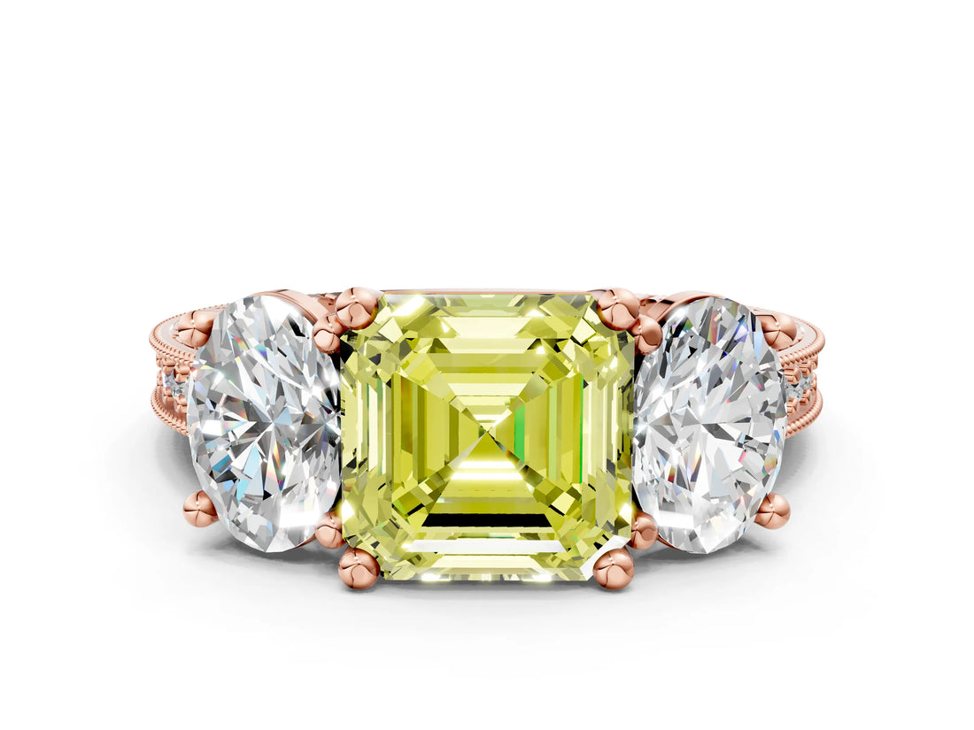 Rose gold Three-Stone Fancy Yellow Asscher  Diamond Milgrain Pave Band with Prong Setting