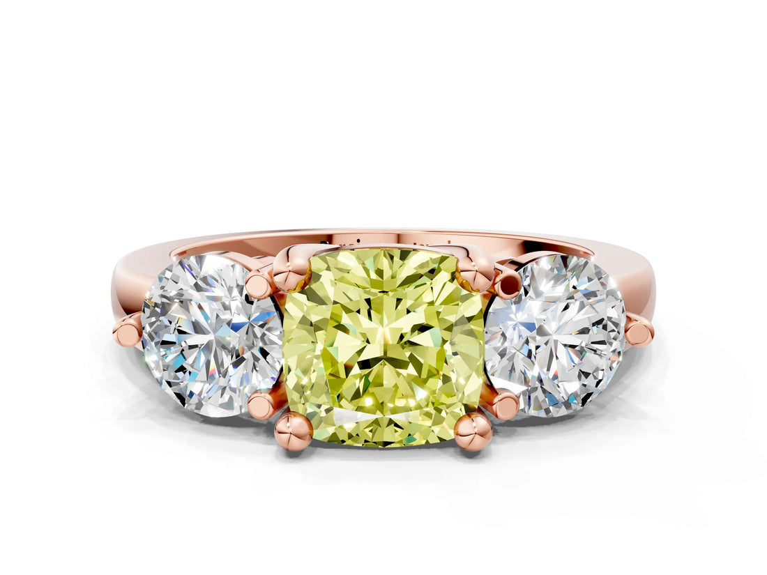 Rose gold Three-Stone Fancy Yellow Cushion  Brilliant Cut Solitaire Ring with Prong Setting on a Classic Band