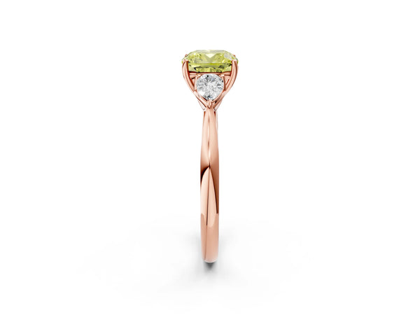 Rose gold Three-Stone Fancy Yellow Cushion Cut Brilliant Diamond Solitaire Ring with Tapered Band and Four-Prong Setting