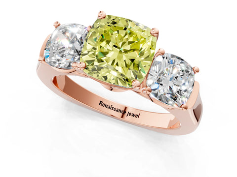 Rose gold Three-Stone Fancy Yellow Cushion Cut Brilliant Diamond Trellis Ring with Comfort Fit Band_1
