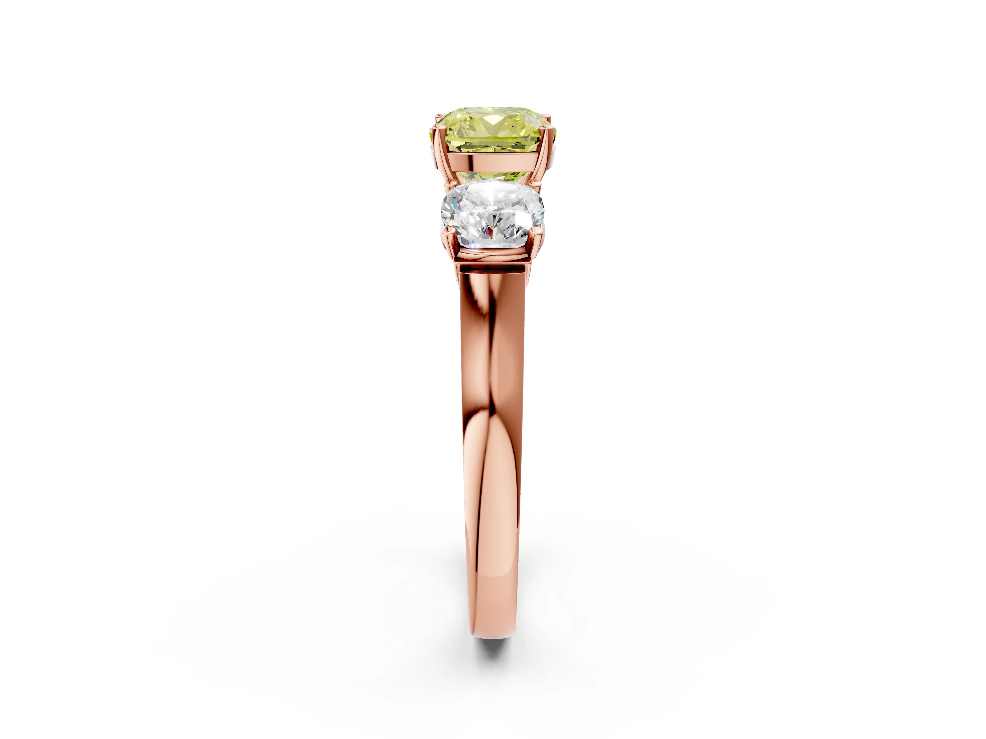 Rose gold Three-Stone Fancy Yellow Cushion Cut Brilliant Diamond Trellis Ring with Comfort Fit Band_2