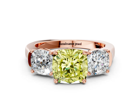 Rose gold Three-Stone Fancy Yellow Cushion Cut Brilliant Diamond Trellis Ring with Comfort Fit Band