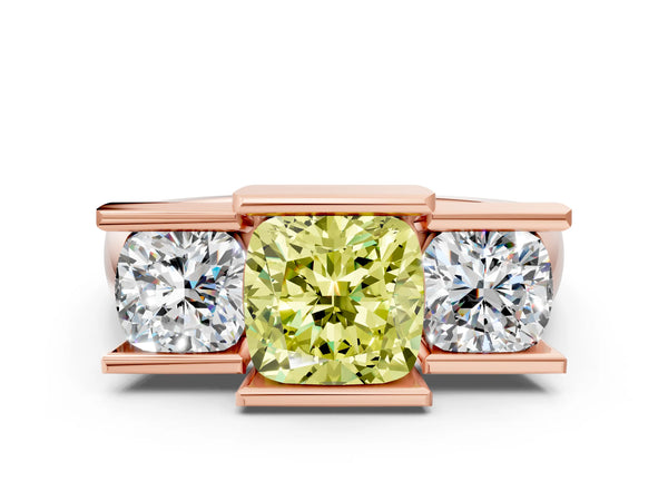 Rose gold Three Stone Fancy Yellow Cushion Cut Cut Channel Set Diamond Ring