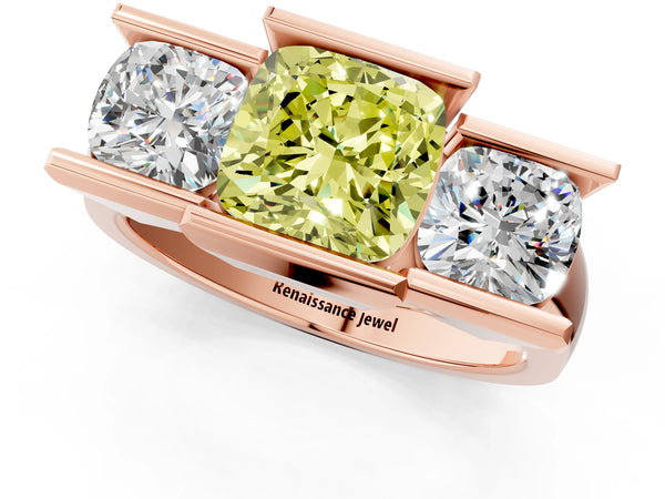 Rose gold Three Stone Fancy Yellow Cushion Cut Cut Channel Set Diamond Ring
