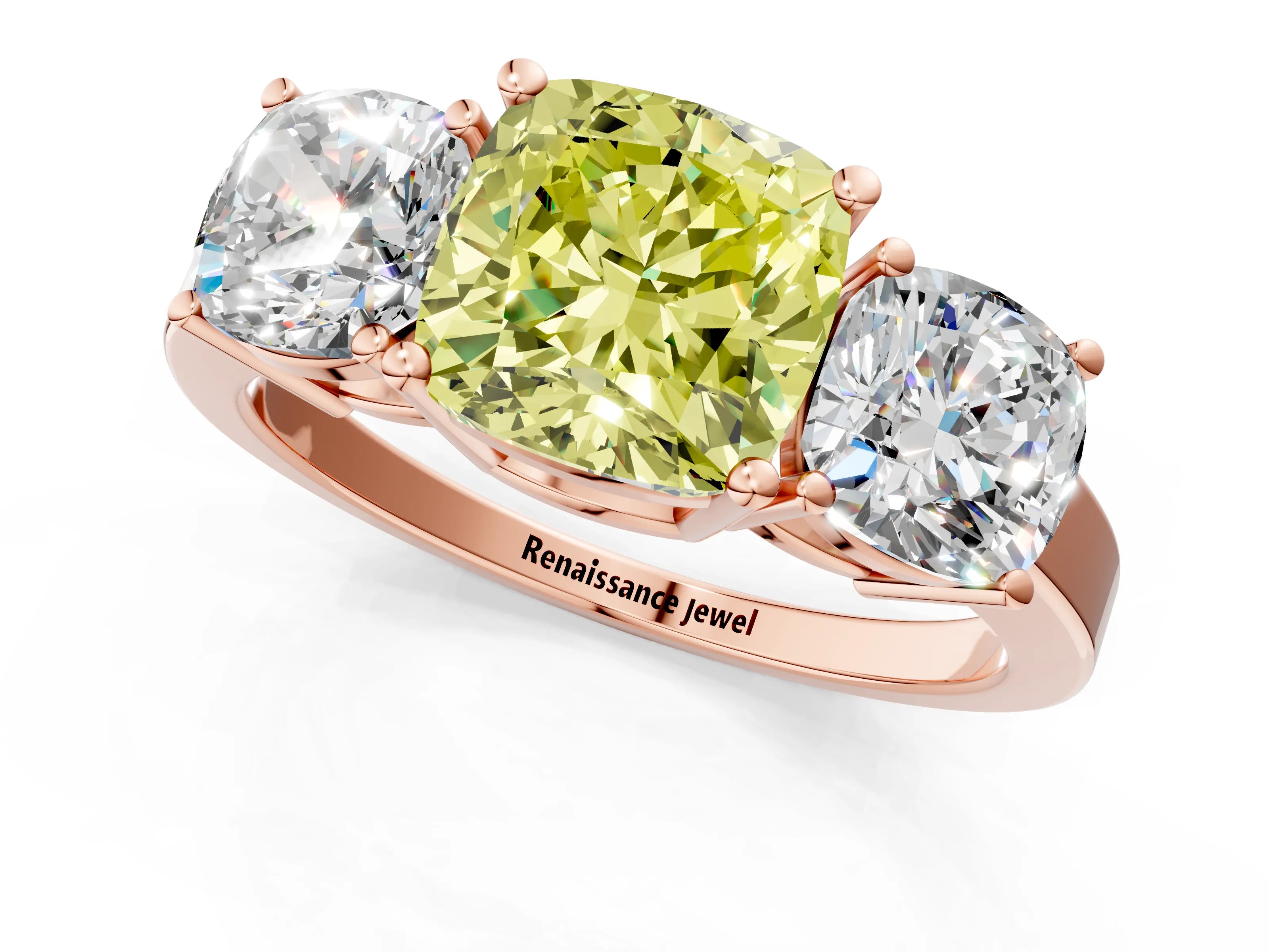 Rose gold Three-Stone Fancy Yellow Cushion Cut Cut Diamond Engagement Ring with Flat Band and Four-Prong Setting_1