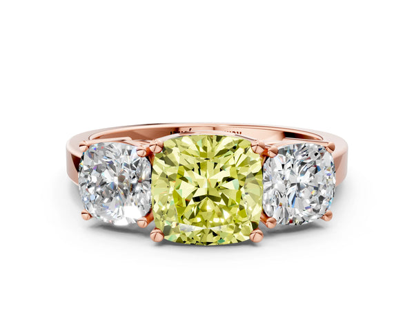 Rose gold Three-Stone Fancy Yellow Cushion Cut Cut Diamond Engagement Ring with Flat Band and Four-Prong Setting