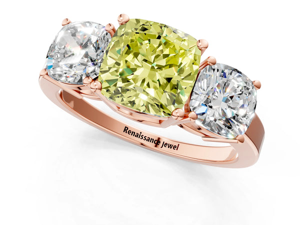 Rose gold Three-Stone Fancy Yellow Cushion Cut Cut Diamond Engagement Ring with Flat Band and Four-Prong Setting