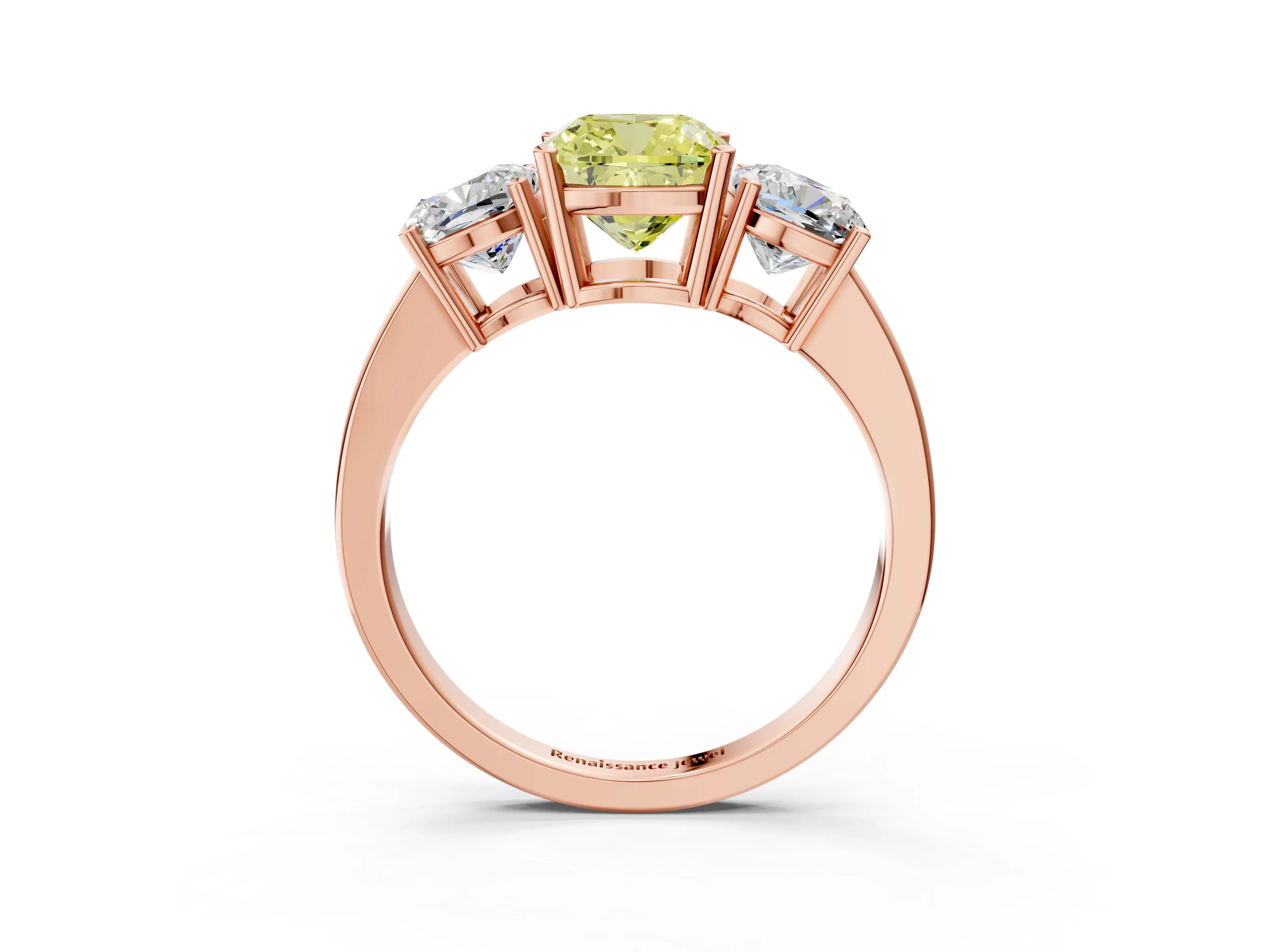 Rose gold Three-Stone Fancy Yellow Cushion Cut Cut Diamond Engagement Ring with Flat Band and Four-Prong Setting_15