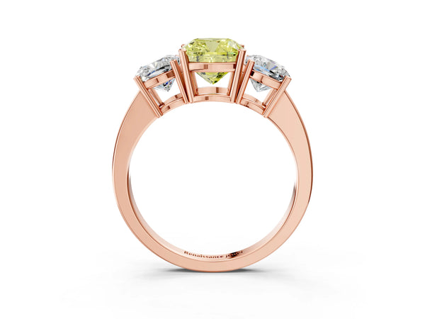 Rose gold Three-Stone Fancy Yellow Cushion Cut Cut Diamond Engagement Ring with Flat Band and Four-Prong Setting