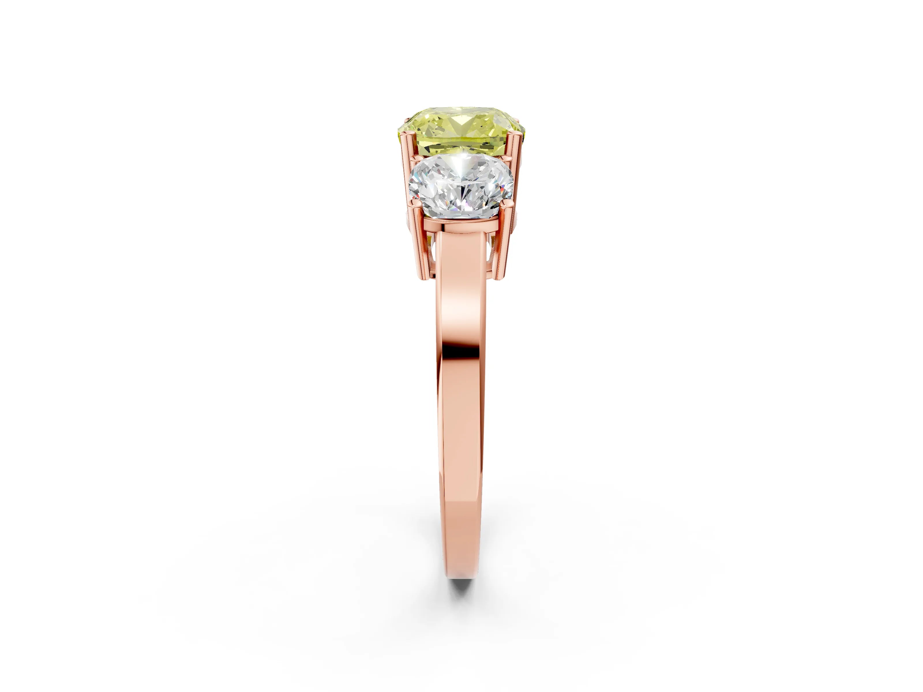 Rose gold Three-Stone Fancy Yellow Cushion Cut Cut Diamond Engagement Ring with Flat Band and Four-Prong Setting_2