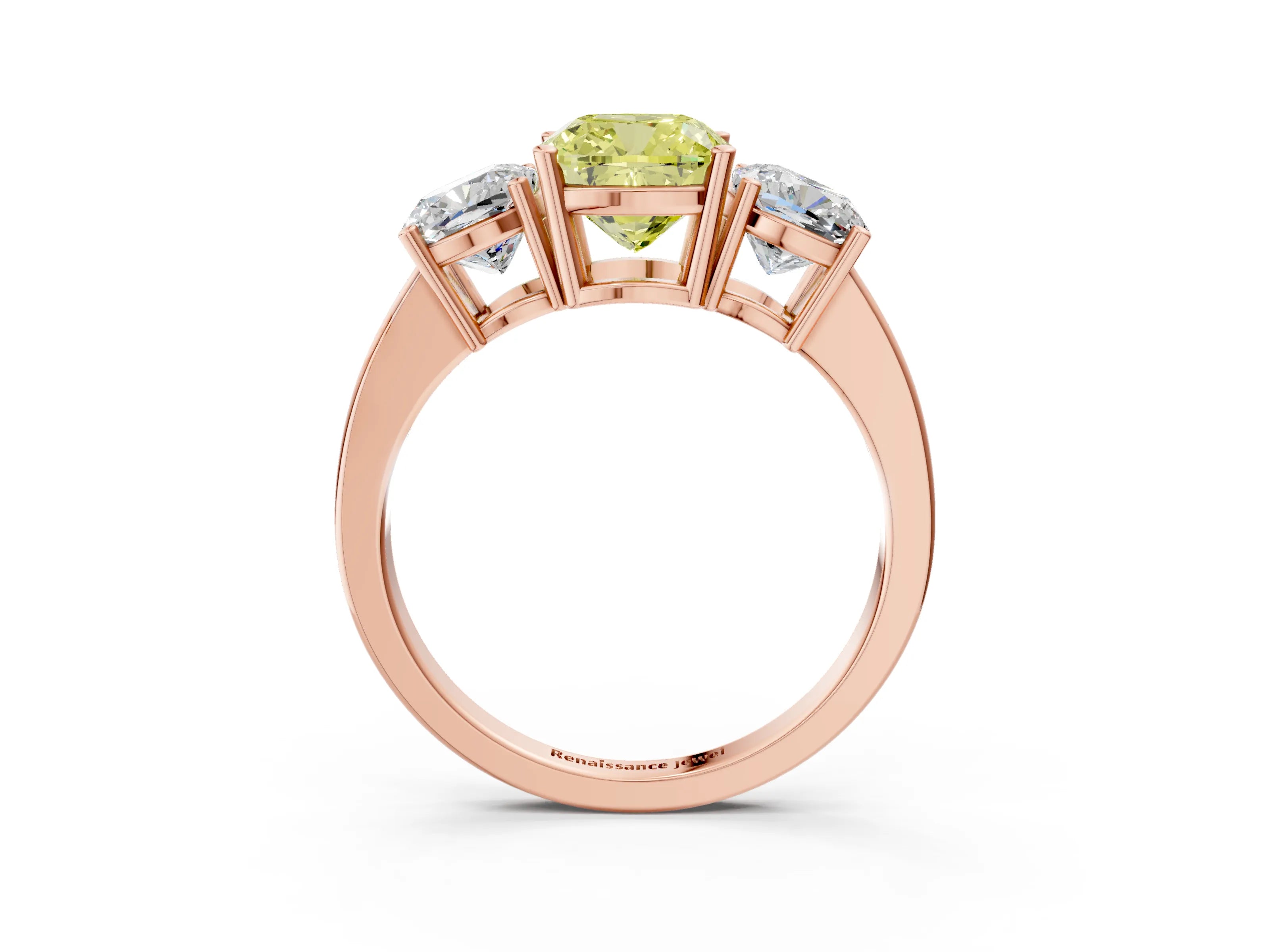 Rose gold Three-Stone Fancy Yellow Cushion Cut Cut Diamond Engagement Ring with Flat Band and Four-Prong Setting_3