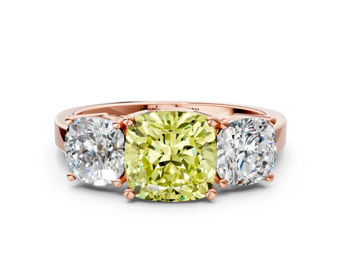 Rose gold Three-Stone Fancy Yellow Cushion Cut Cut Diamond Engagement Ring with Flat Band and Four-Prong Setting