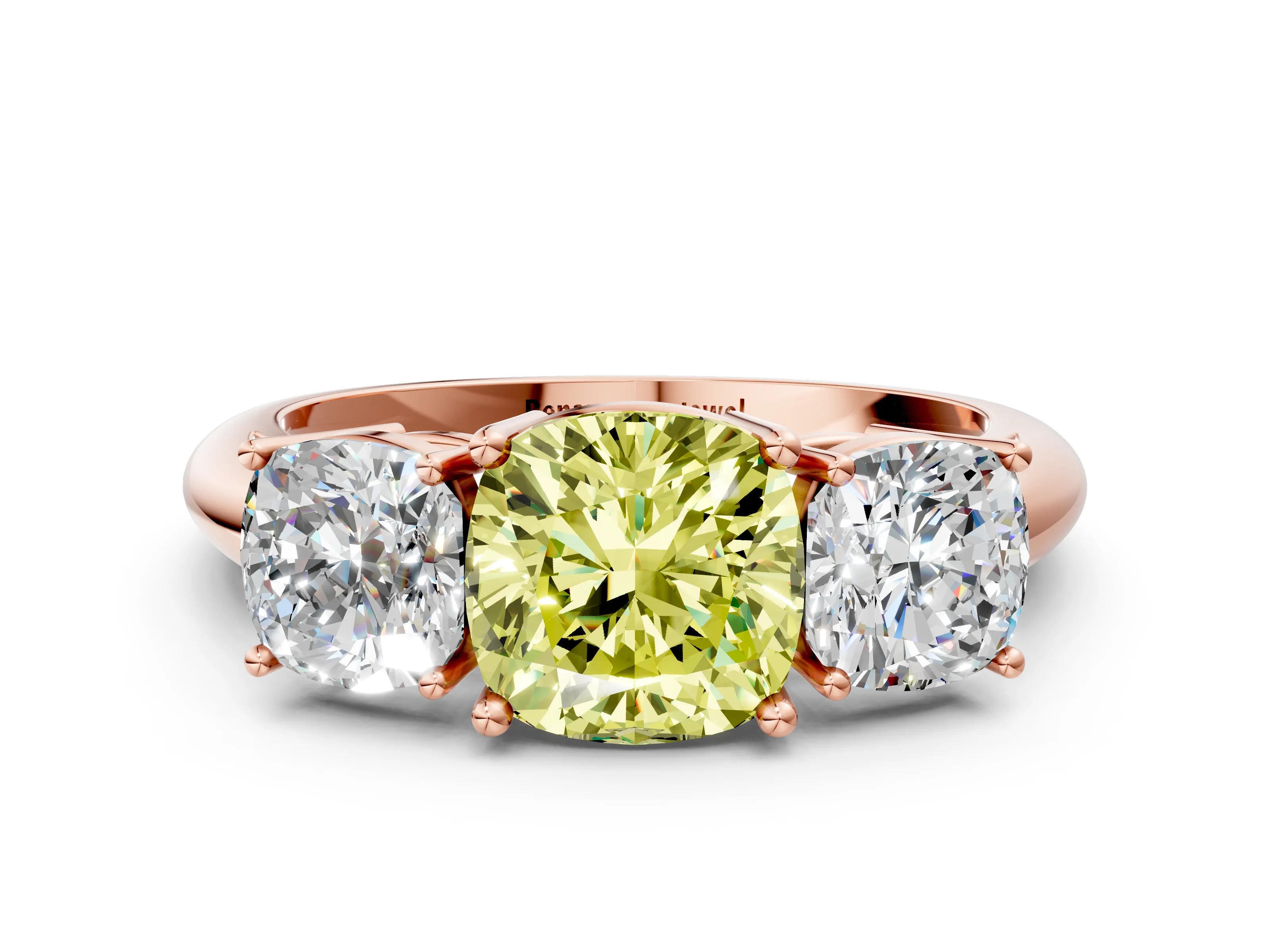 Rose gold Three-Stone Fancy Yellow Cushion Cut Cut Diamond Engagement Ring with Prong Setting on a White Gold Band