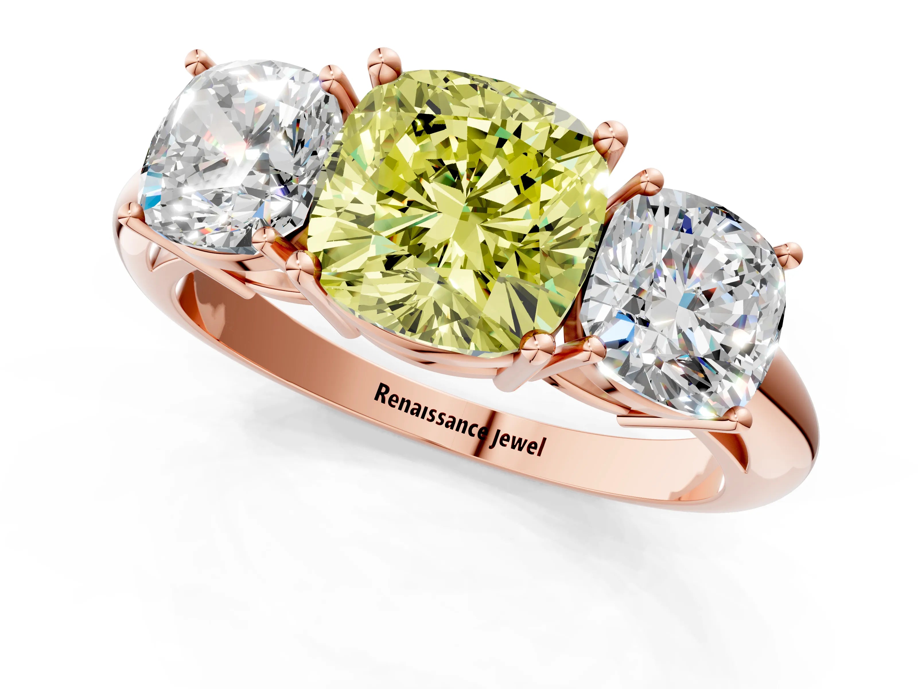 Rose gold Three-Stone Fancy Yellow Cushion Cut Cut Diamond Engagement Ring with Prong Setting on a White Gold Band_1