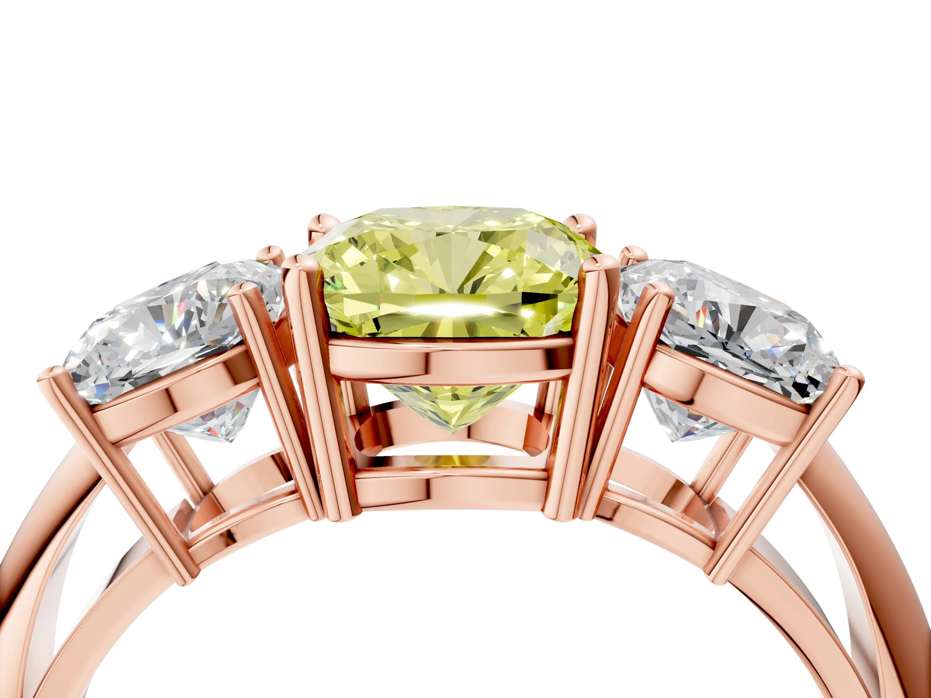 Rose gold Three-Stone Fancy Yellow Cushion Cut Cut Diamond Engagement Ring with Prong Setting on a White Gold Band_4