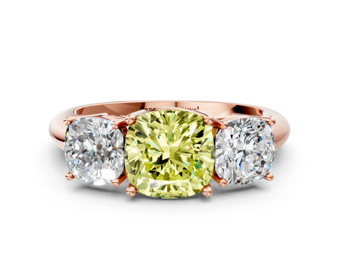 Rose gold Three-Stone Fancy Yellow Cushion Cut Cut Diamond Engagement Ring with Prong Setting on a White Gold Band