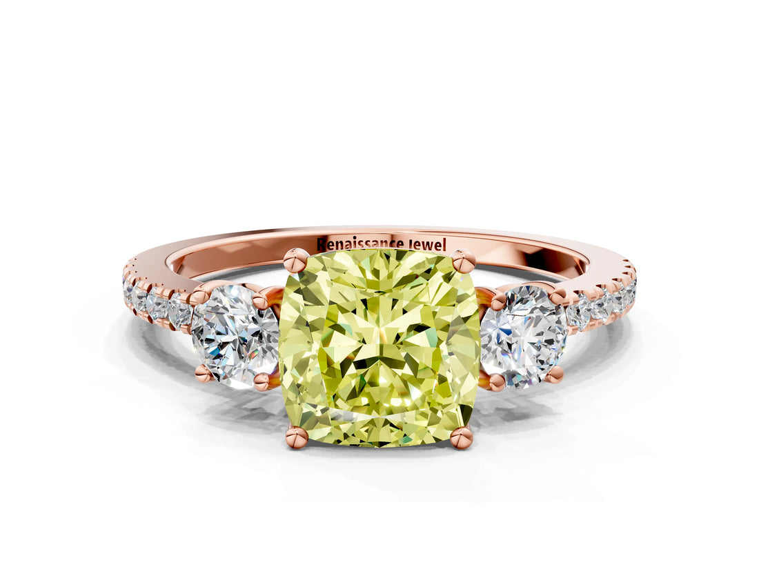 Rose gold Three-Stone Fancy Yellow Cushion Cut Cut Diamond Pavé Band with Prong Setting_15