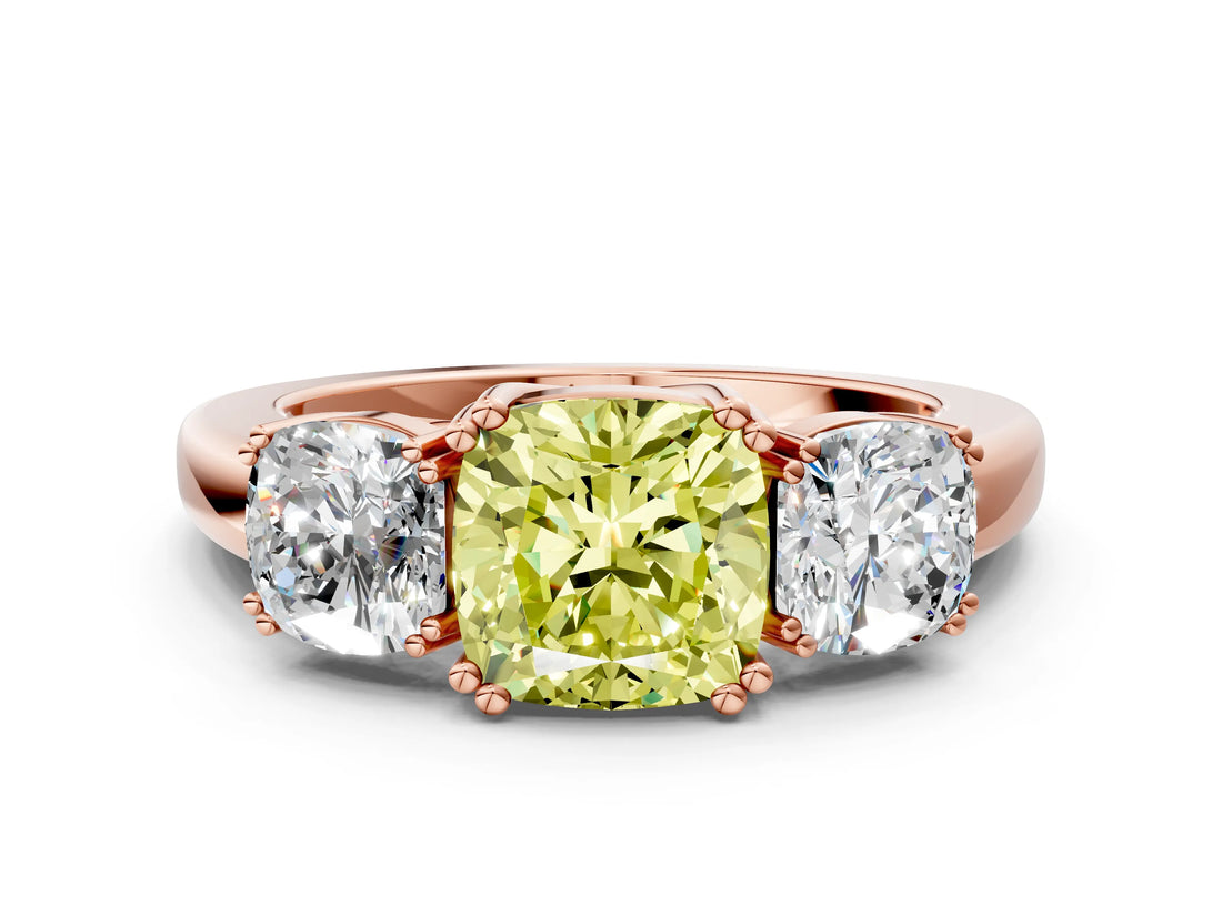Rose gold Three-Stone Fancy Yellow Cushion Cut Cut Diamond Ring with Channel Set Band and Four-Prong Setting_24