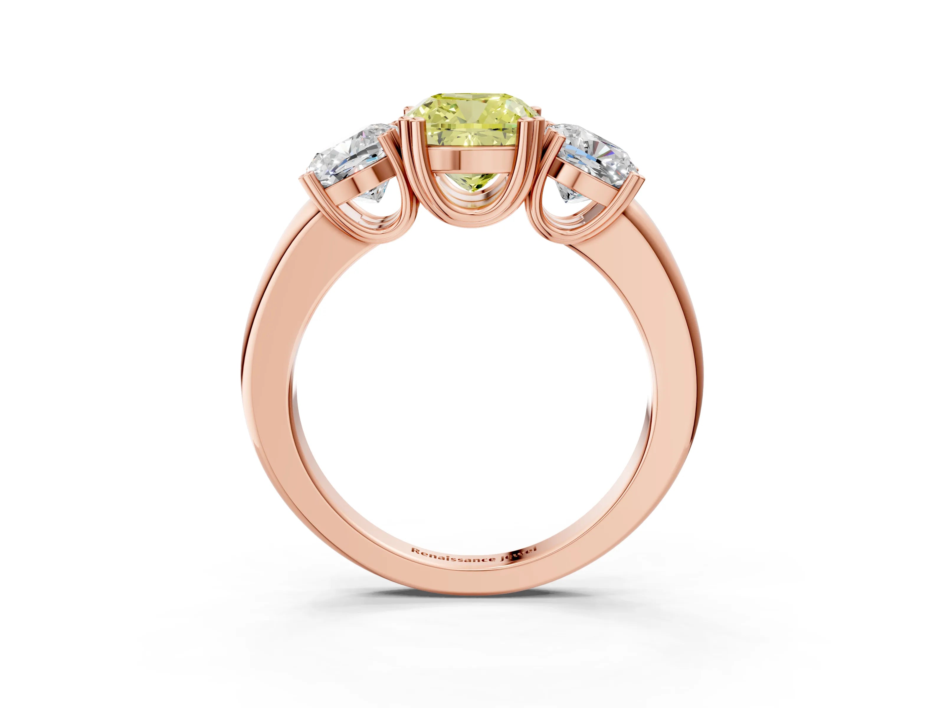 Rose gold Three-Stone Fancy Yellow Cushion Cut Cut Diamond Ring with Channel Set Band and Four-Prong Setting_3