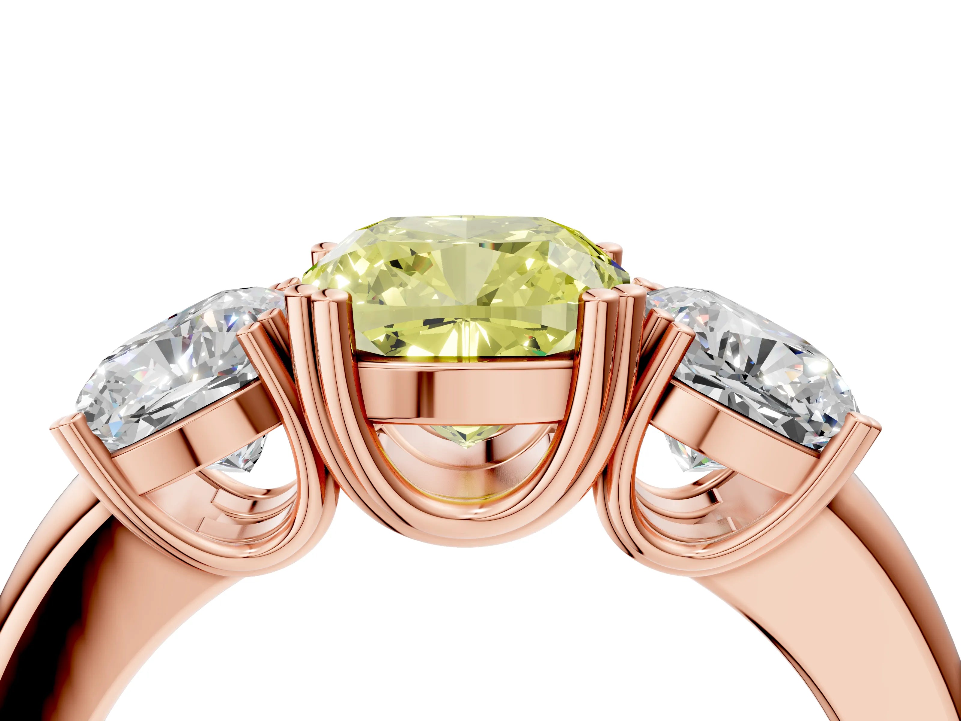 Rose gold Three-Stone Fancy Yellow Cushion Cut Cut Diamond Ring with Channel Set Band and Four-Prong Setting_4