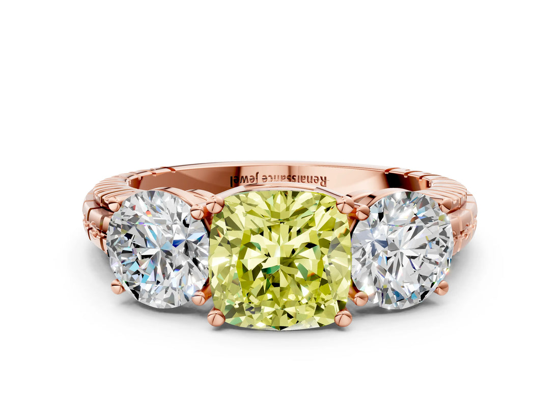 Rose gold Three-Stone Fancy Yellow Cushion Cut Cut Diamond Ring with Channel-Set Band and Prong Setting