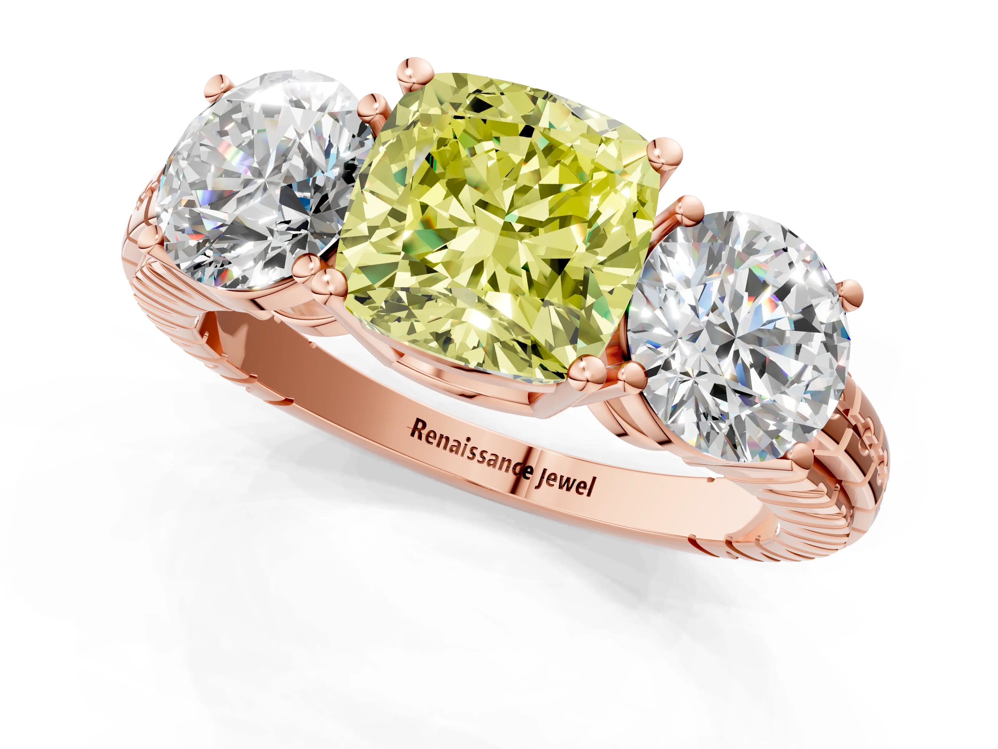 Rose gold Three-Stone Fancy Yellow Cushion Cut Cut Diamond Ring with Channel-Set Band and Prong Setting_1