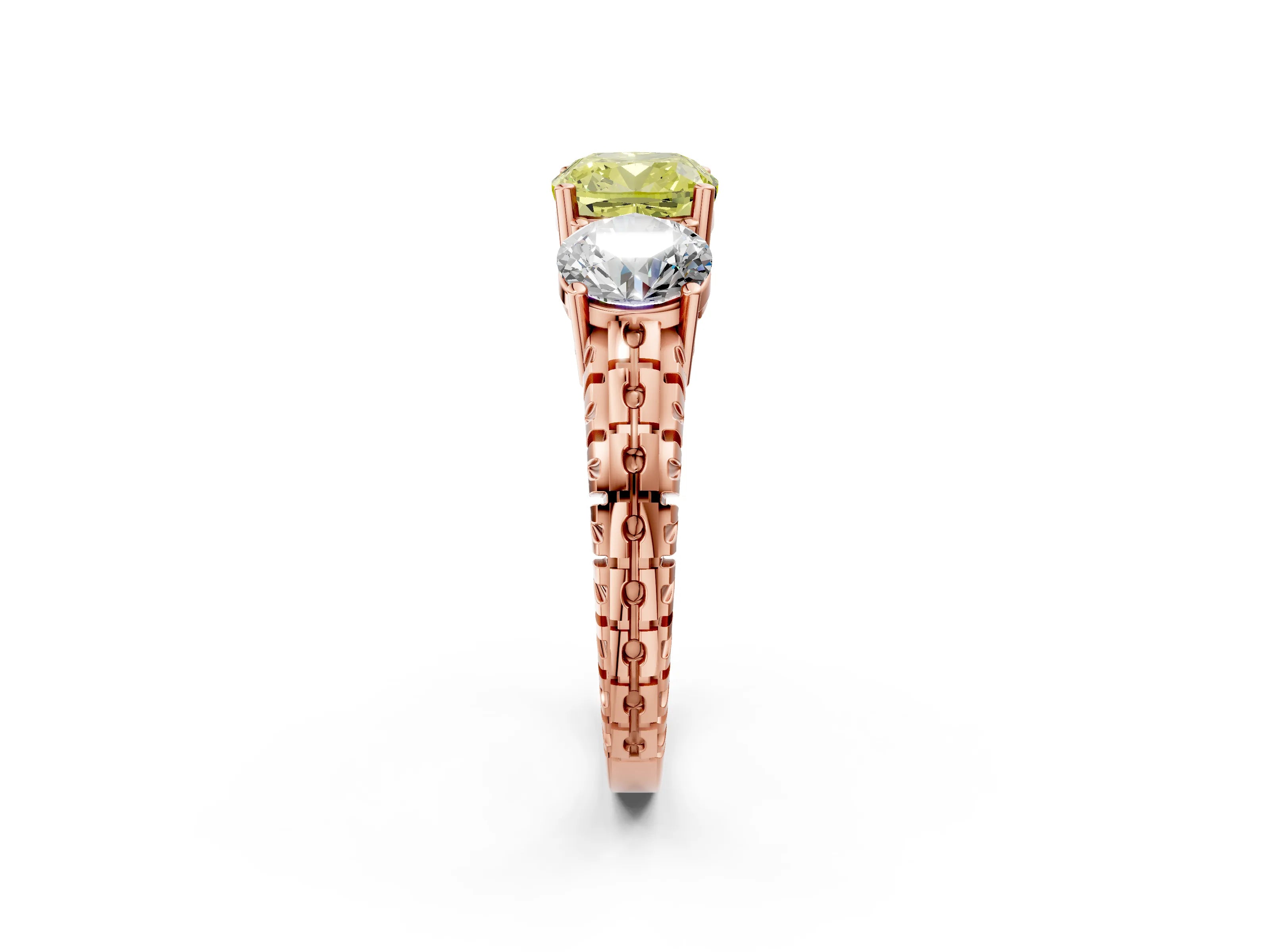Rose gold Three-Stone Fancy Yellow Cushion Cut Cut Diamond Ring with Channel-Set Band and Prong Setting_2